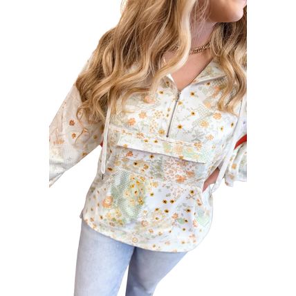Yellow Floral Print Half Zip Hooded Long Sleeve Top