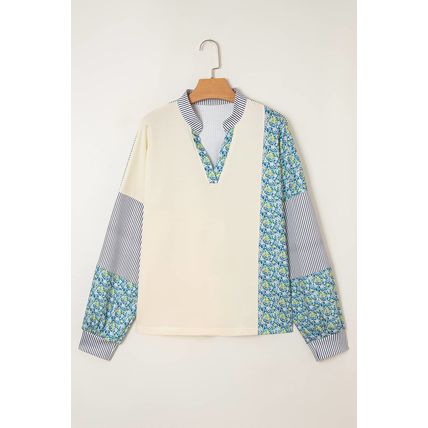 Beige Floral Striped Drop Sleeve Collared Boxy Fit Sweatshirt