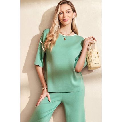 Canton Contrast Trim Half Sleeve Top Drawstring Pants Loose 2pcs Sweater Suit