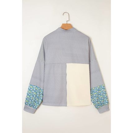Beige Floral Striped Drop Sleeve Collared Boxy Fit Sweatshirt