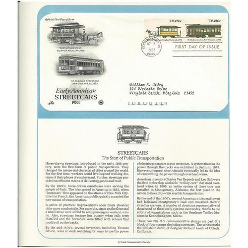 STREETCARS . The Start of Public Trans ' OFFICIAL FIRST DAY of ISSUE ' (1983)