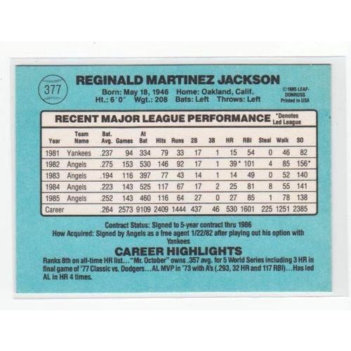 1986 Donruss Reggie Jackson baseball card #377 – HOF-Angels