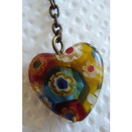 Vintage Necklace Millefiori Murano Glass Small Heart Pendant Chain Push-in Clasp