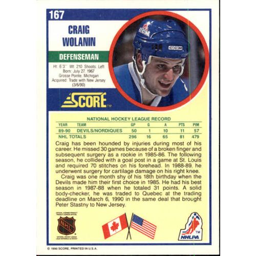 1990/91 Score Hockey Craig Wolanin ROOKIE