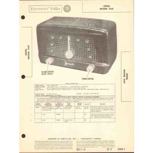 JEWEL model 960 5 tube AM radio receiver Sams Photofact manual