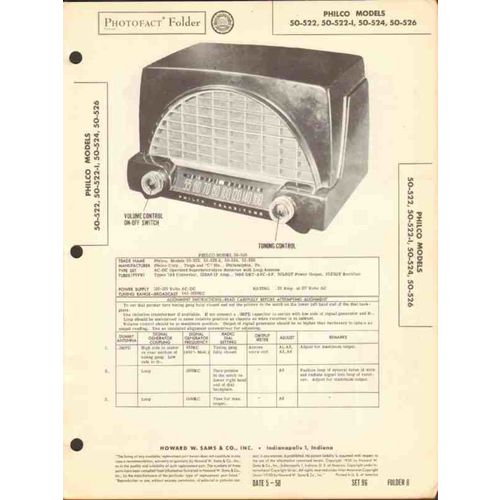 PHILCO models 50-522 522-I 524 526 AM radio Sams Photofact manual