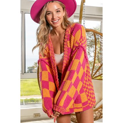 Multicolor Open Front Mixed Checkered Pattern Knit Cardigan