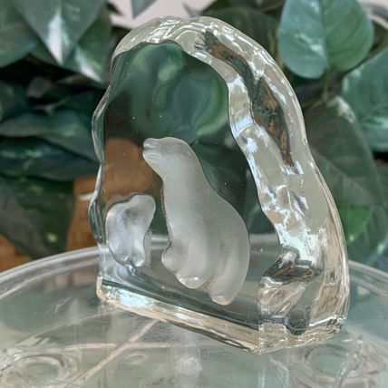 Polar Bear Art Glass Paperweight Clear Crystal Sculpture Mother & Baby Vintage