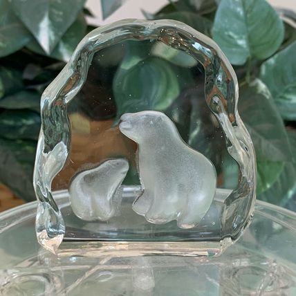 Polar Bear Art Glass Paperweight Clear Crystal Sculpture Mother & Baby Vintage