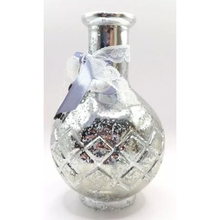 Bud Vase Shabby Chic Antique Silver Colour Grey Bow & Key Charms Glass 15.5 CM