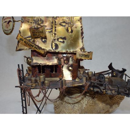 Rare Unique Metal Copper Boat House Sculpture Ernie Abdelnour Coral Rock Base