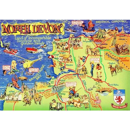 Devon Comic Cartoon Fishing Farming Map Postcard