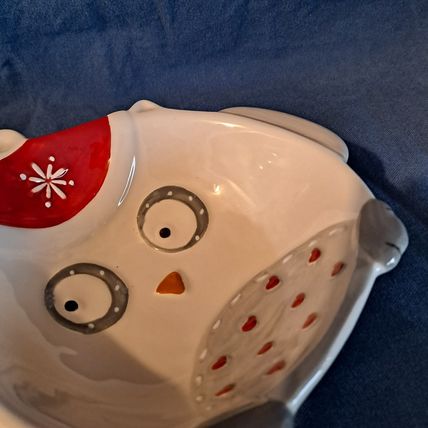 3 Christmas Nauvoo House OWL BOWLS & SALT PEPPER Shaker Set Cereal Dishes Cerami