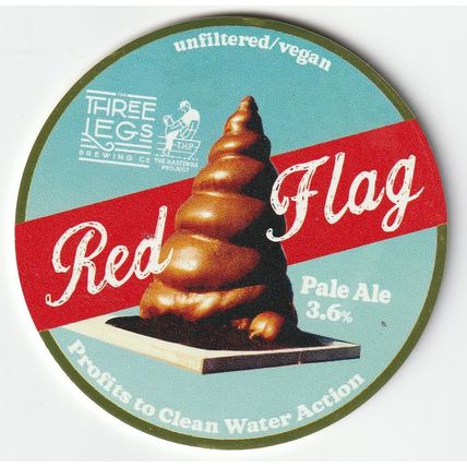 UNUSED KEG CLIP FRONT - THREE LEGS BREWING CO - RED FLAG PALE ALE