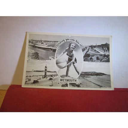 multiview, WEYMOUTH, DORSET used vintage postcard 1955 pm girl with beach ball =
