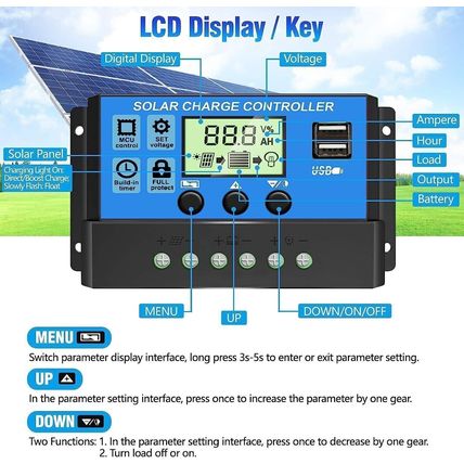 30A PWM Solar Panel Charge Controller 12/24V Auto LCD Display Dual USB Timer Set