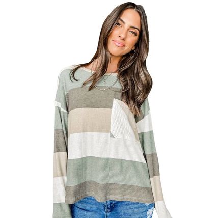 Green Color Block Ribbed Long Sleeve Top with Pocket