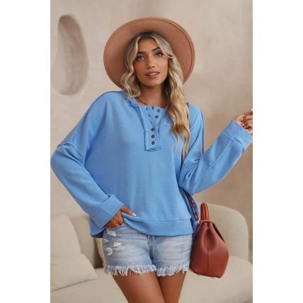 Sky Blue Casual Button Solid Patchwork Trim Hoodie