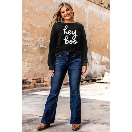 Black Hey Boo Letter Print Long Sleeve Pullover Sweatshirt