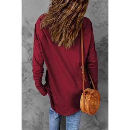 Red Solid Crew Neck Long Sleeve Top