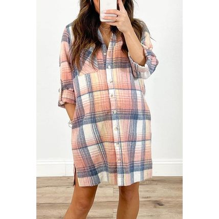 Pink Plaid Roll-tab Sleeve Side Slit Shirt Dress