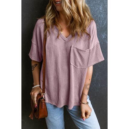 Valerian Corded V Neck Chest Pocket Loose T-shirt