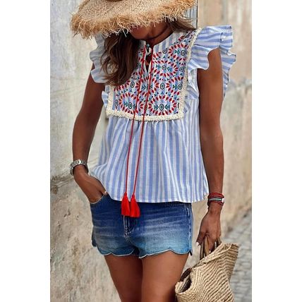Sky Blue Stripe Geo Pattern Embroidered Tassel Flutter Blouse