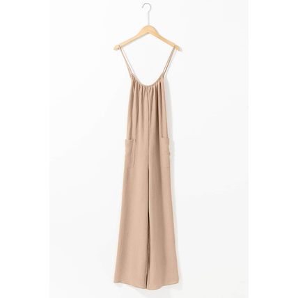 Apricot Spaghetti Straps Waist Tie Wide Leg Jumpsuit with Pockets