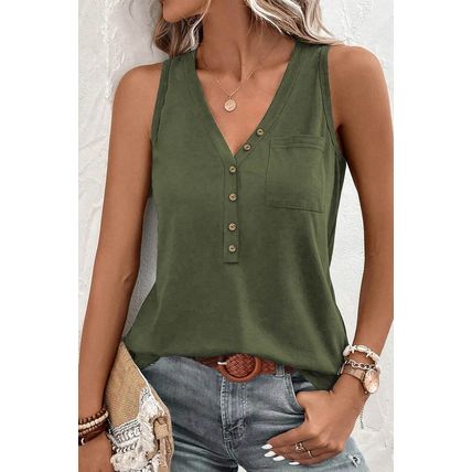 Jungle Green Half Button V Neck Patched Pocket Tank Top