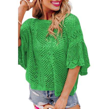 Green Pointelle Knit Scallop Edge Short Sleeve Top