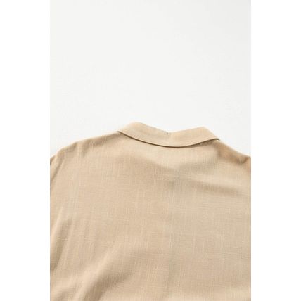 Tan Puff Sleeve Buttoned Tiered Pleated Shirt Mini Dress
