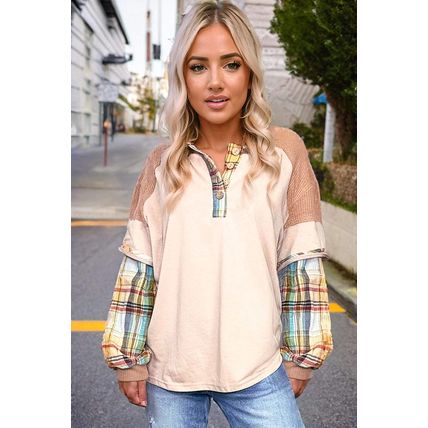 Parchment Plus Size Plaid Patchwork Layered Henley Top