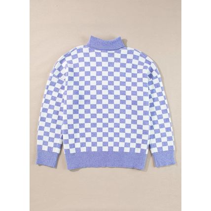 Purple Checkered Collared Buttons Plus Size Sweater