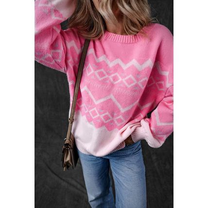 Pink Western Aztec Geometric Drop Shoulder Sweater