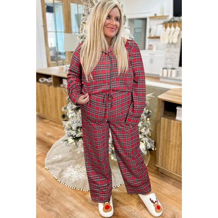 Red Plaid Printed Shirt and Pants Plus Size Lounge Set