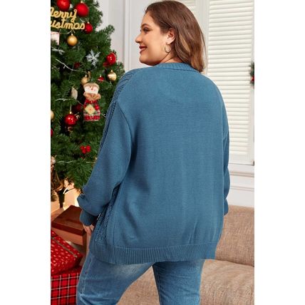 Real Teal Open Knit V Neck Button Front Drop Shoulder Plus Size Cardigan