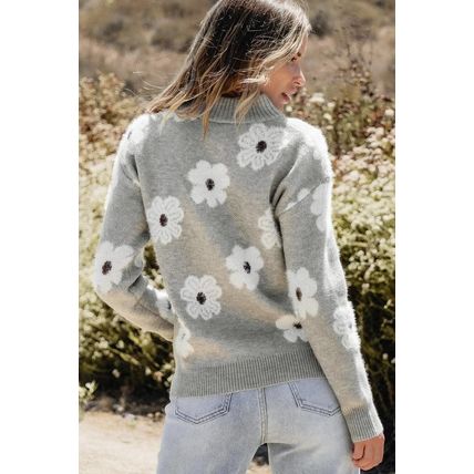 Gray Floral Pattern Half Zip Drop Shoulder Sweater