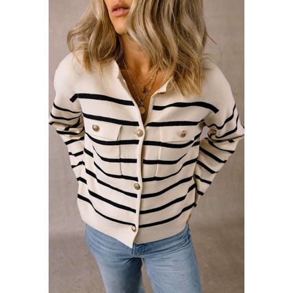 Black Stripe Flap Pocket Buttoned Cardigan Sweater