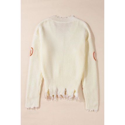 Beige Cable Knit Pumpkin Raw Hem V Neck Loose Sweater