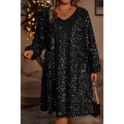 Color black Plus Size Bubble Sleeve V Neck Sequin Dress