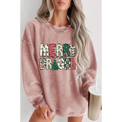 Pink MERRY and BRIGHT Christmas Tree Print Ribbed Sweatshirt