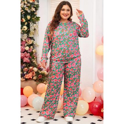 Green Plus Size Printed Long Sleeve and Pants Lounge Set