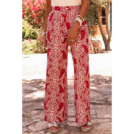 Red Paisley Printed Buttoned High Waist Straight Leg Pants