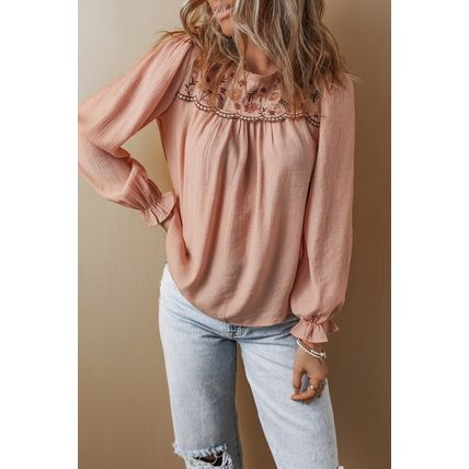 Gossamer Pink Floral Embroidered Textured Flounce Sleeve Elegant Blouse