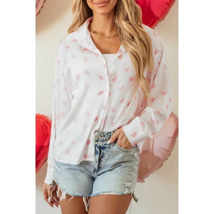 White Love Heart Print Drop Shoulder Puff Sleeve Shirt