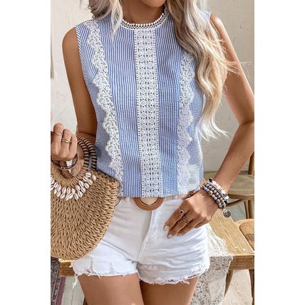 Sky Blue Stripe Lace Patchwork Crew Neck Tank Top
