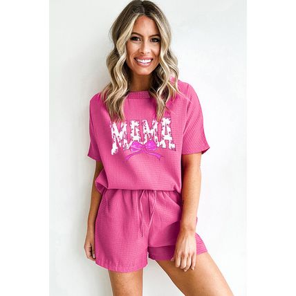 Rose Red Waffle Sequin Floral MAMA Bow Graphic Tee Shorts Set