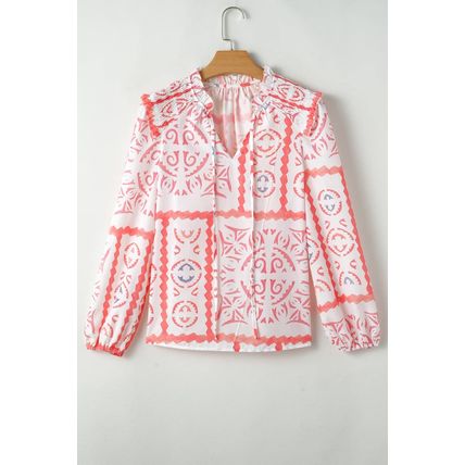 Desert Flower Vintage Print Smocked Poet Collar Billowy Blouson Sleeves Blouse