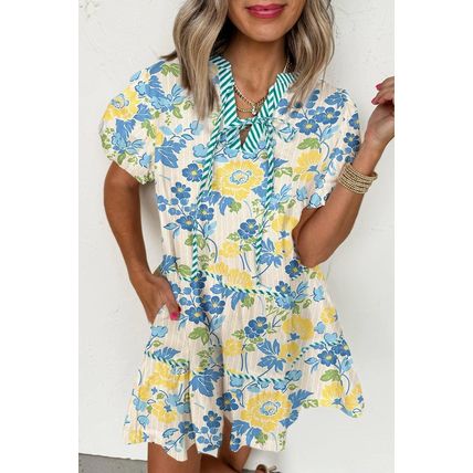 Blue Floral Striped Trim Puff Short Sleeve Dress