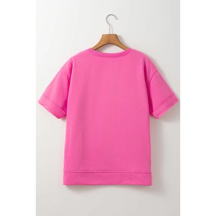 Sachet Pink Contrast Flower Drop Shoulder Loose T Shirt